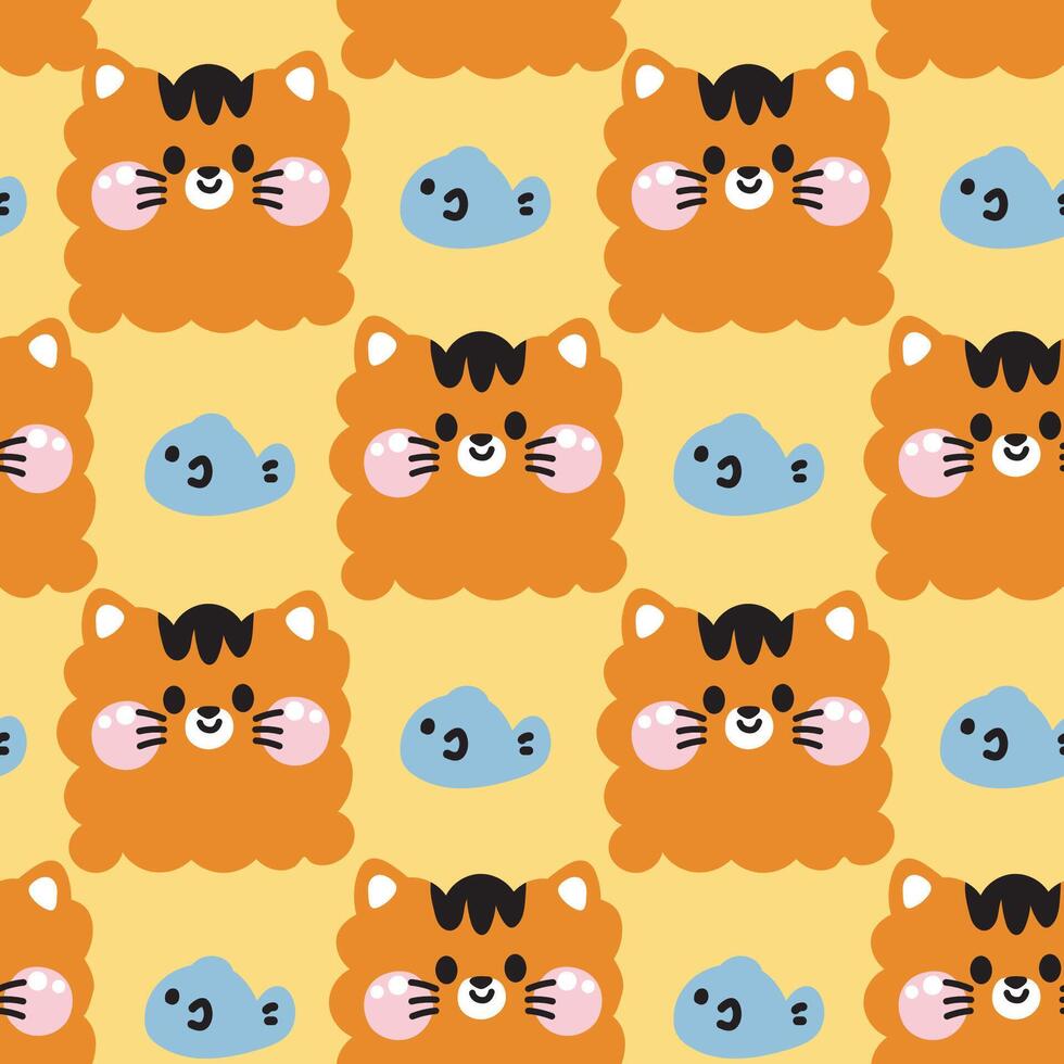 Seamless pattern of cute cat in curve shape hand drawn with fish background.Face.Head.Cartoon pet animal character design.Image for card,poster,baby clothing.Kawaii.Illustration vector