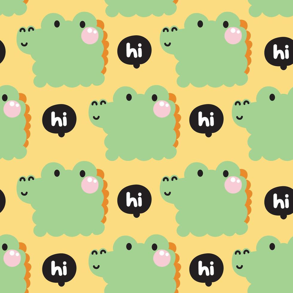 Seamless pattern of cute crocodile in curve shape hand drawn with text background.Face.Head.Cartoon reptile animal character design.Image for card,poster,baby clothing.Kawaii.Illustration vector