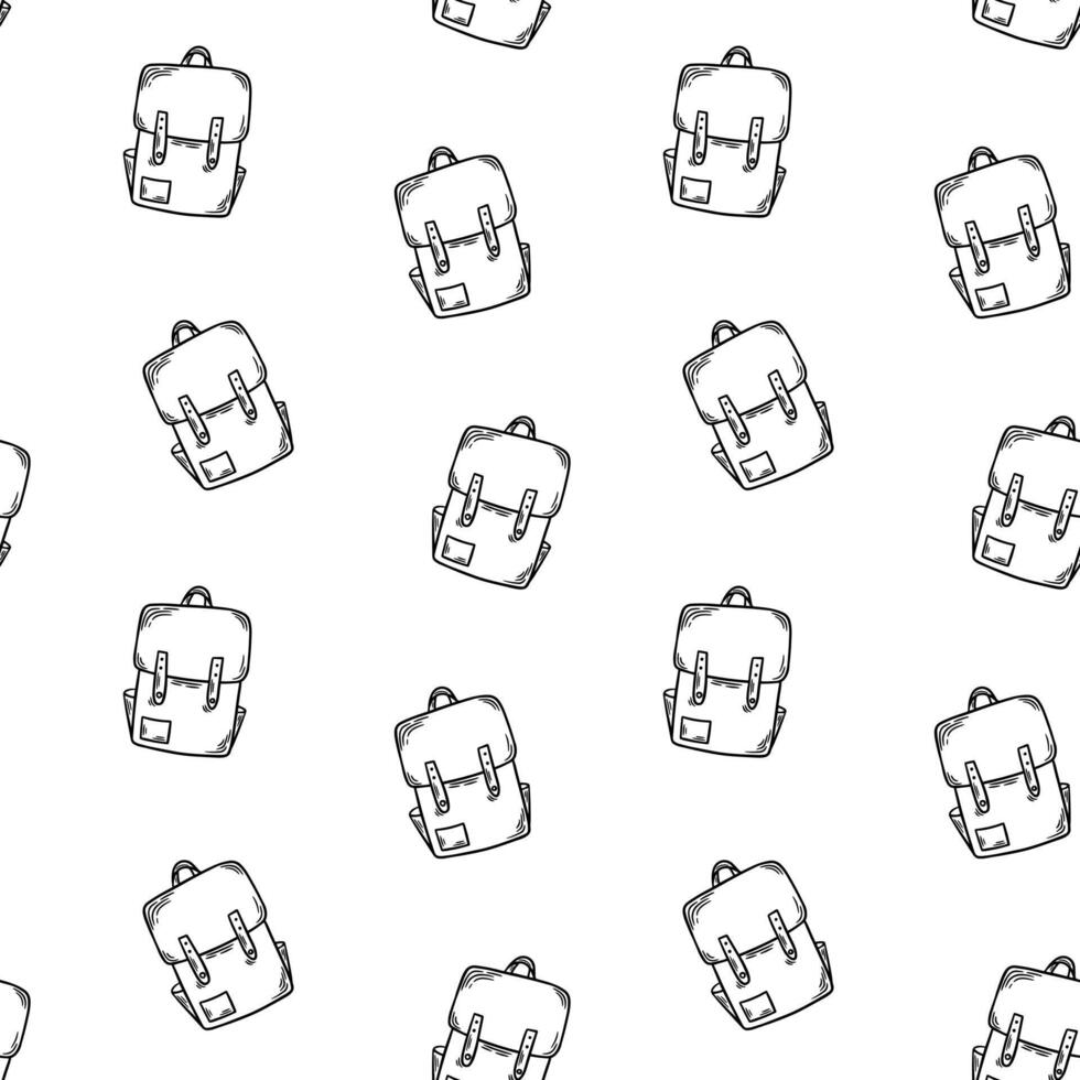 Backpack engraving seamless pattern. Student bag, rucksack line art, outline, ink background vector