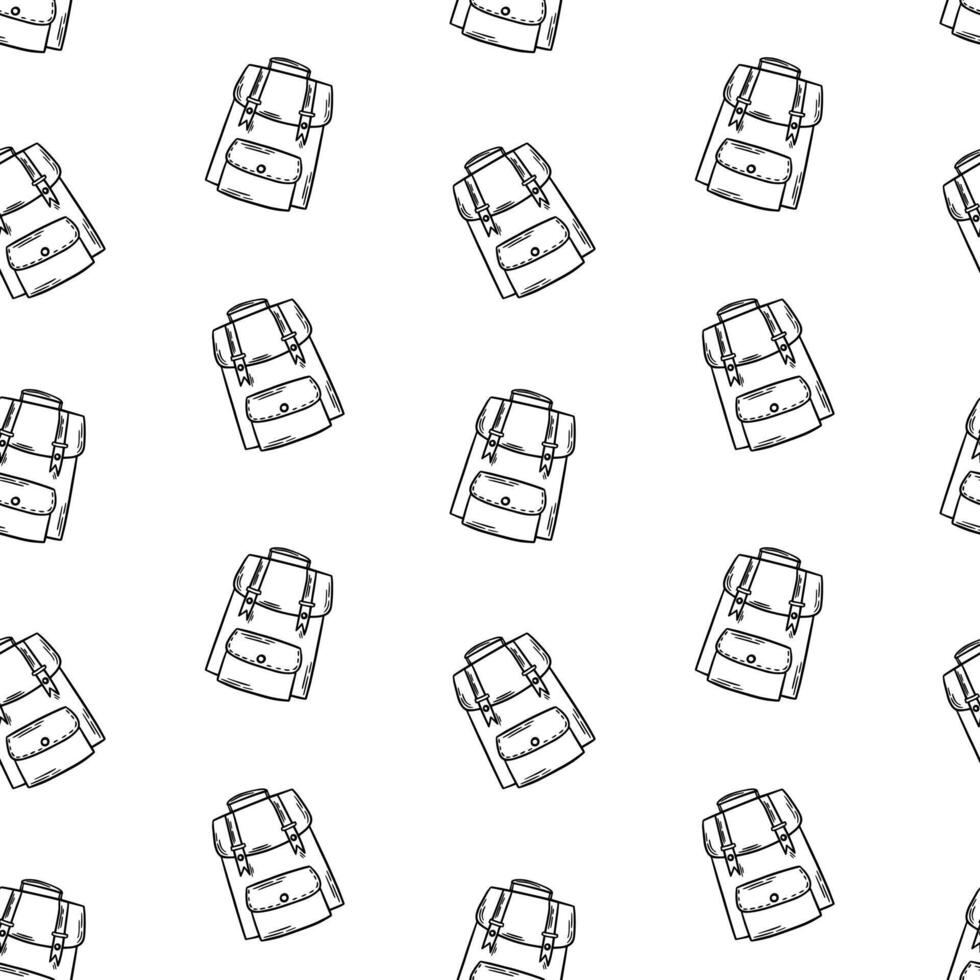 Backpack seamless pattern. Student bag, rucksack engraving, line art, outline, ink background vector
