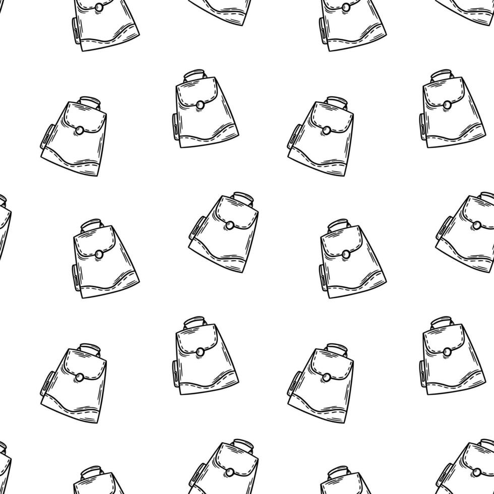 Backpack line art seamless pattern. Student bag, rucksack engraving, outline, ink background vector
