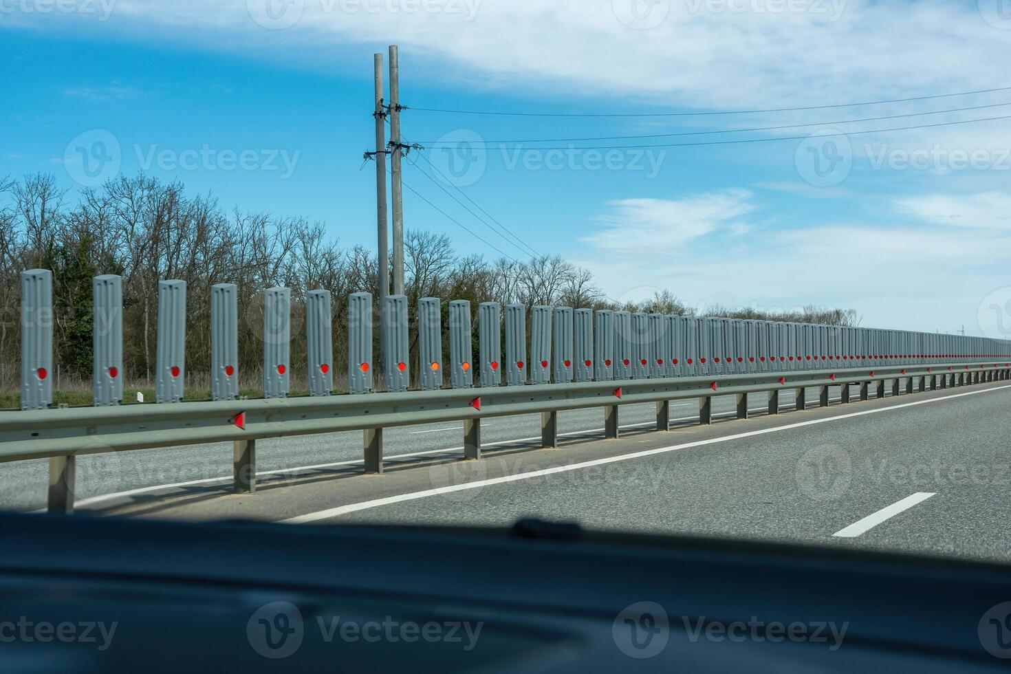 A road with a long line of metal posts with red hearts on them photo