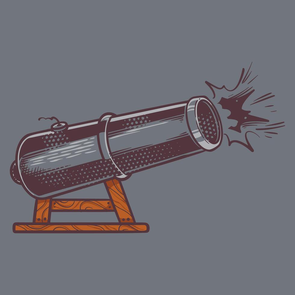 cannon hand drawn doodle vintage drawing in colorful vintage style. Pirates equipment concept vector