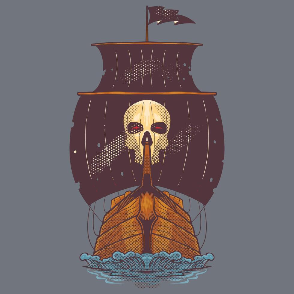 Old ship hand drawn doodle vintage drawing in colorful style. Pirates equipment concept vector