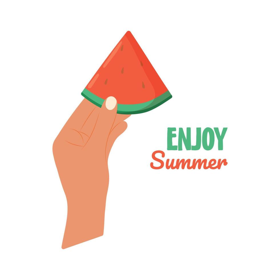 Hand holding a slice of watermelon. A piece of sweet summer watermelon. Yummy summer fruit. Enjoy Summer vector