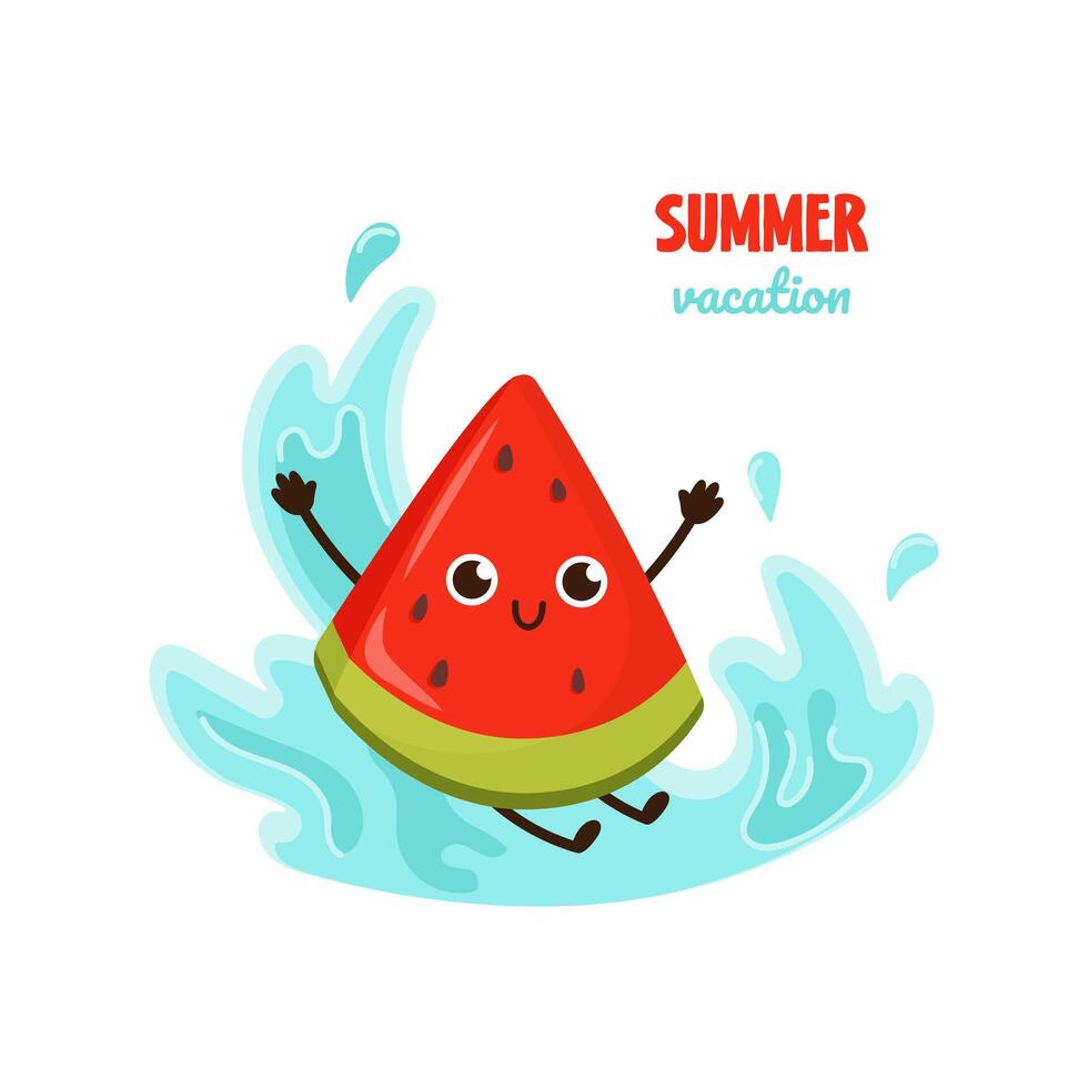 Summer poster with cute funny watermelon slice character. Cute hand drawn poster with fruit on seaside holiday. Summer Card of watermelon character on summer vacation vector