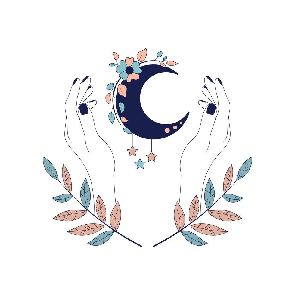 Esoteric poster in boho style with mystical hands, moon, plants. Boho magic hands with celestial mystical symbols. Esoteric, spiritual, occult concept vector