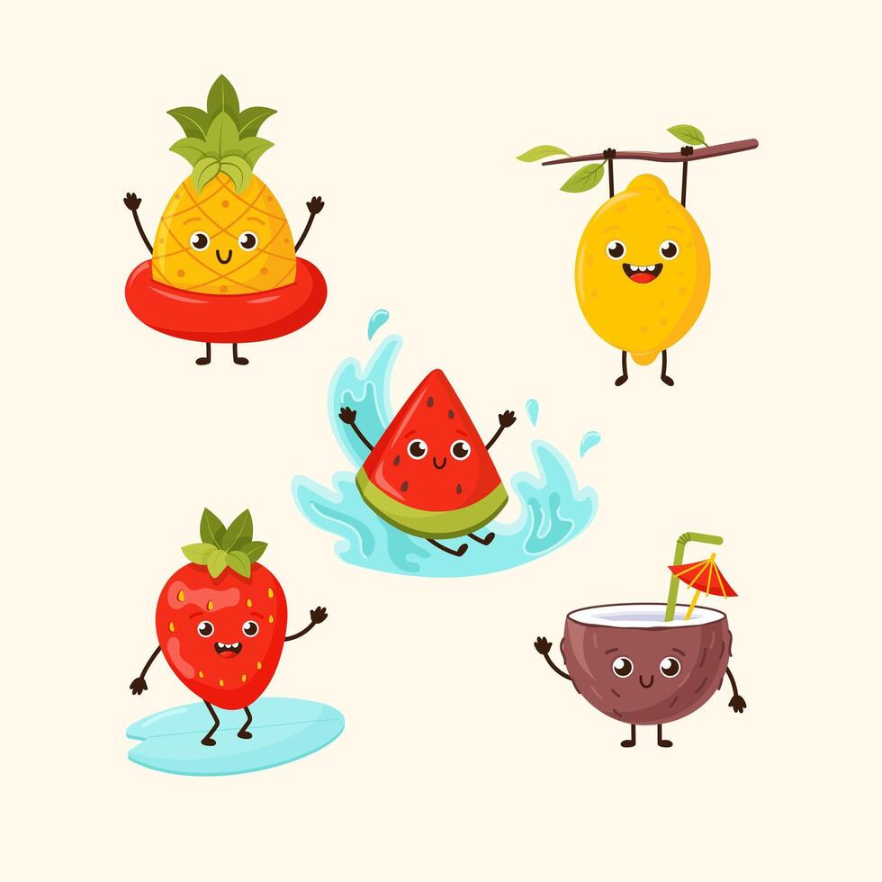Cute funny fruits character pineapple, strawberry, coconut, lemon, watermelon. Funny fruits on summer holidays. Summer fruit characters smiling, relaxing, swimming in the sea vector