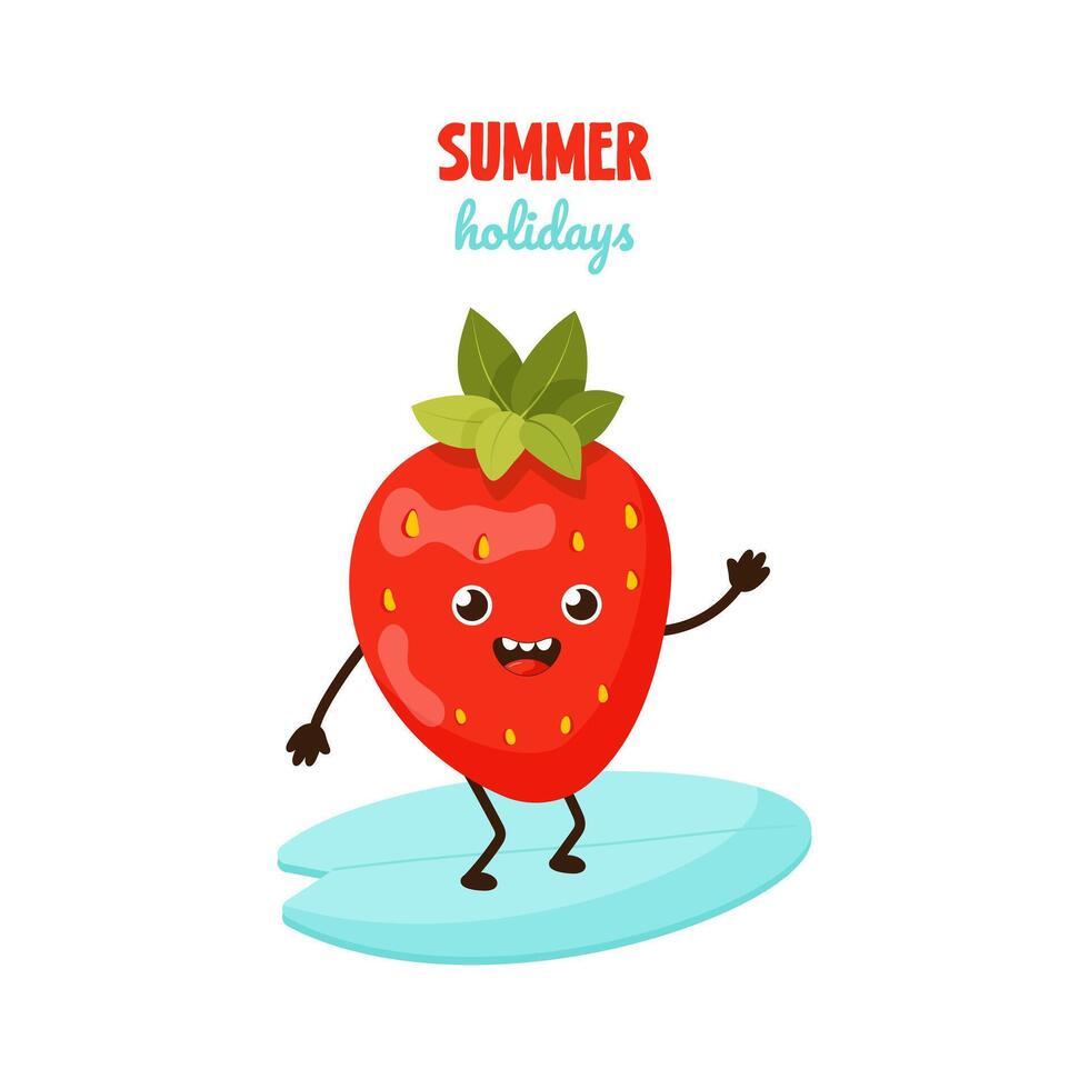 Summer poster with cute funny strawberry character. Cute hand drawn poster with fruit on seaside holiday. Summer Card of strawberry character on surf board vector