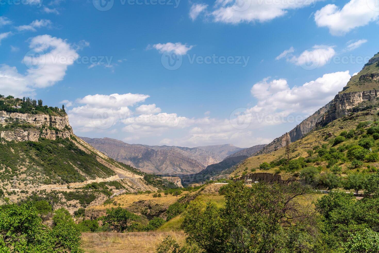 Caucasian mountain Dagestan. Trees, rocks, mountains, view of the green mountains. Beautiful summer landscape. photo