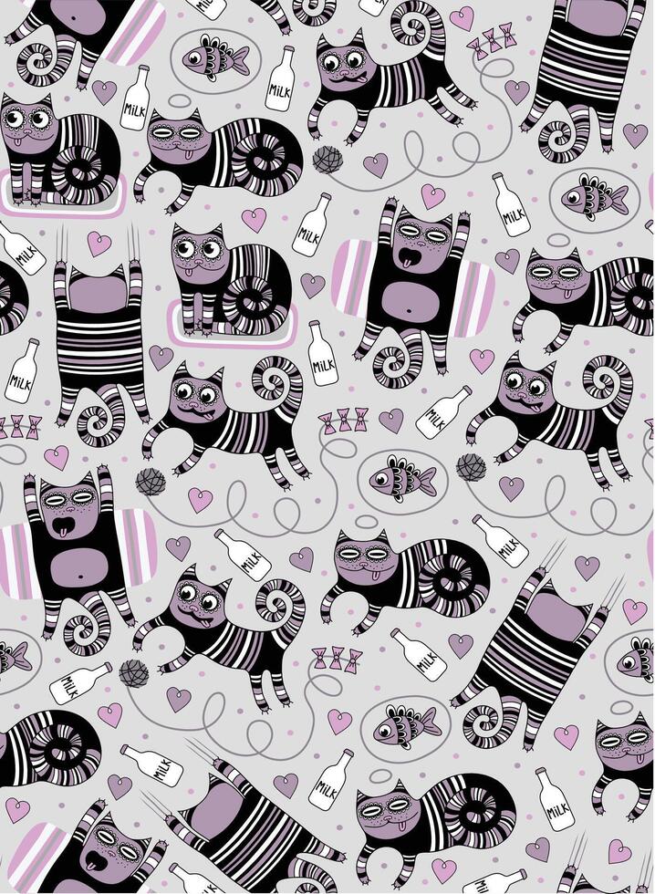 Cats that play, sleep and relax. Seamless background vector