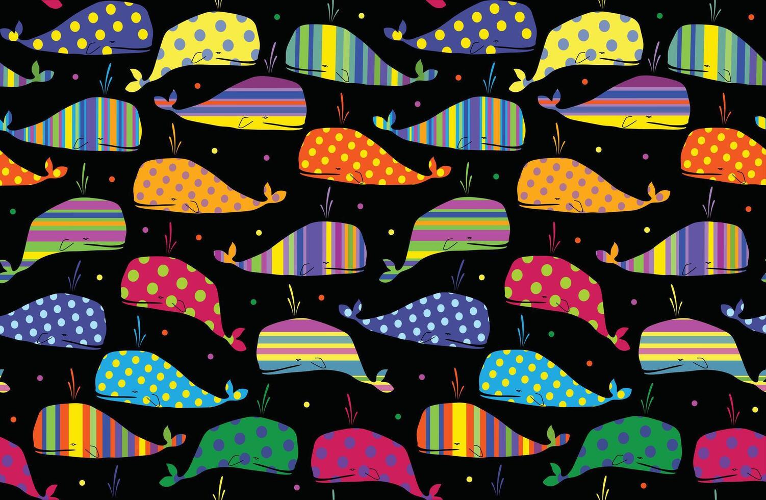 Whales of different colors on a black background. Seamless background vector