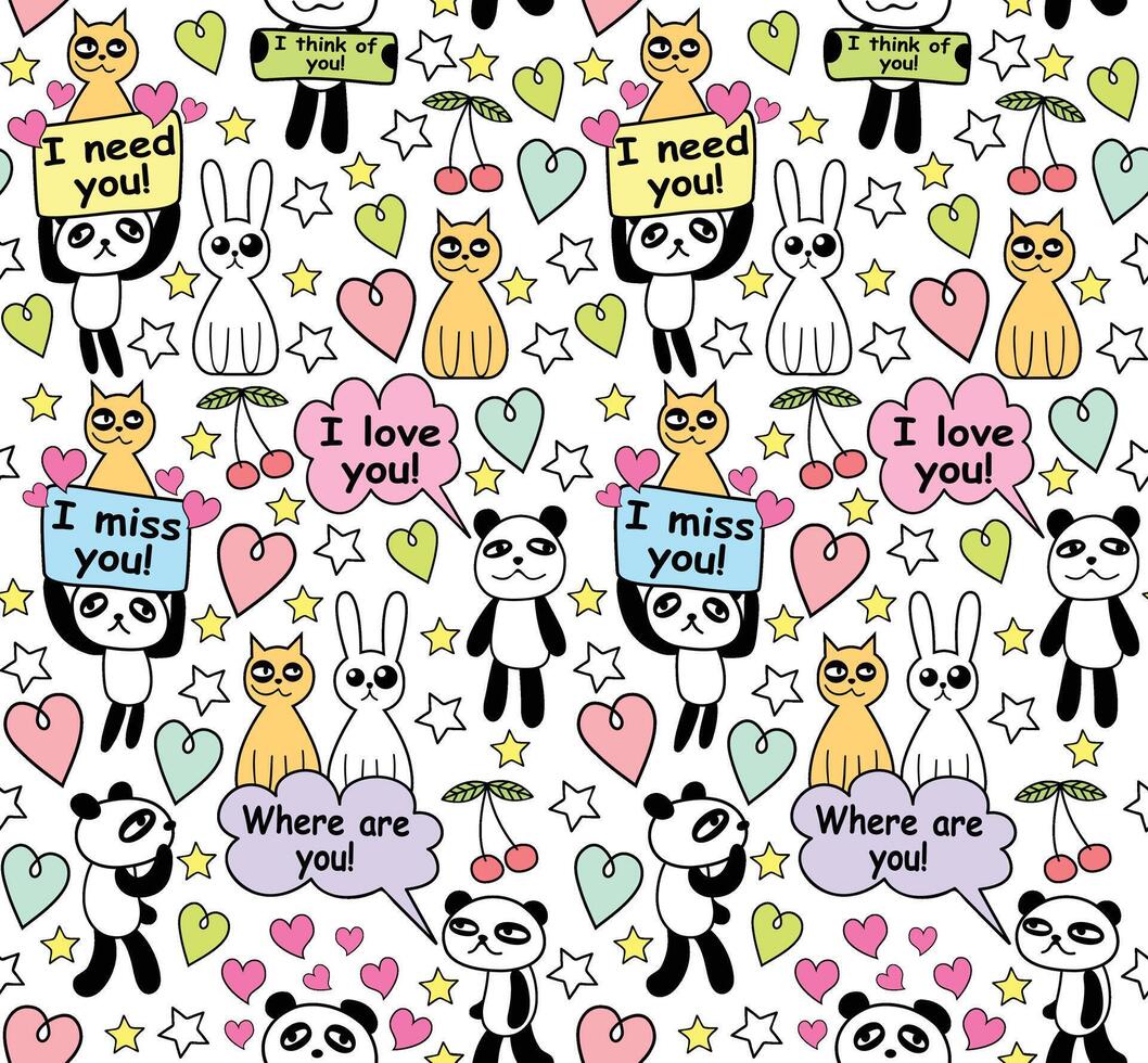 Pandas, rabbits and cats. Seamless funny background vector