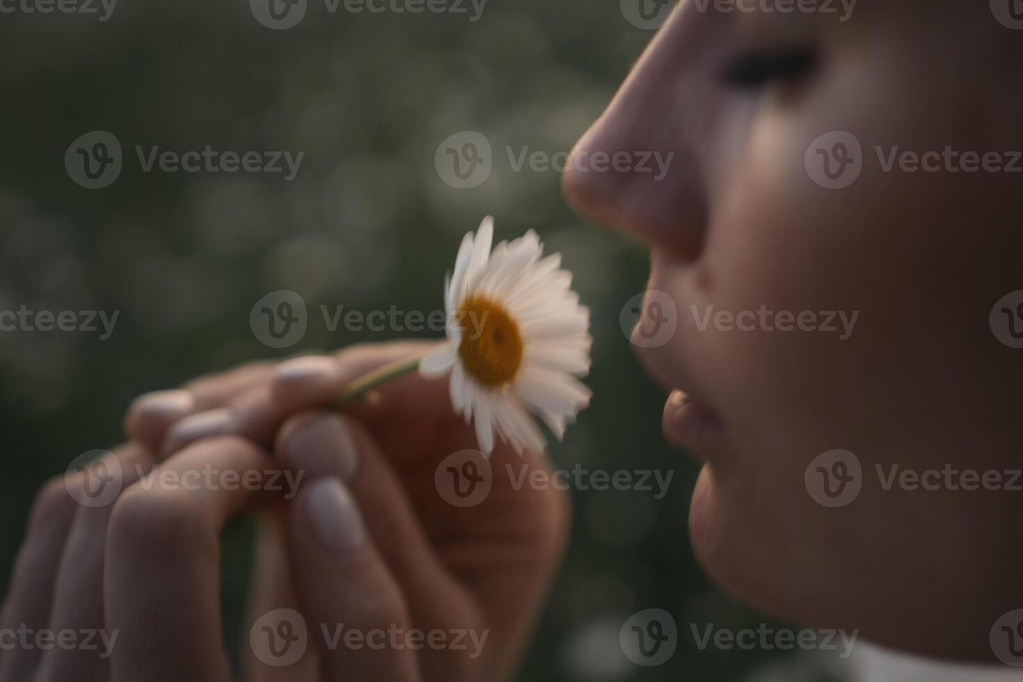 A woman is holding a white flower and smelling it. Concept of calm and serenity, as the woman takes a moment to appreciate the beauty of the flower. photo