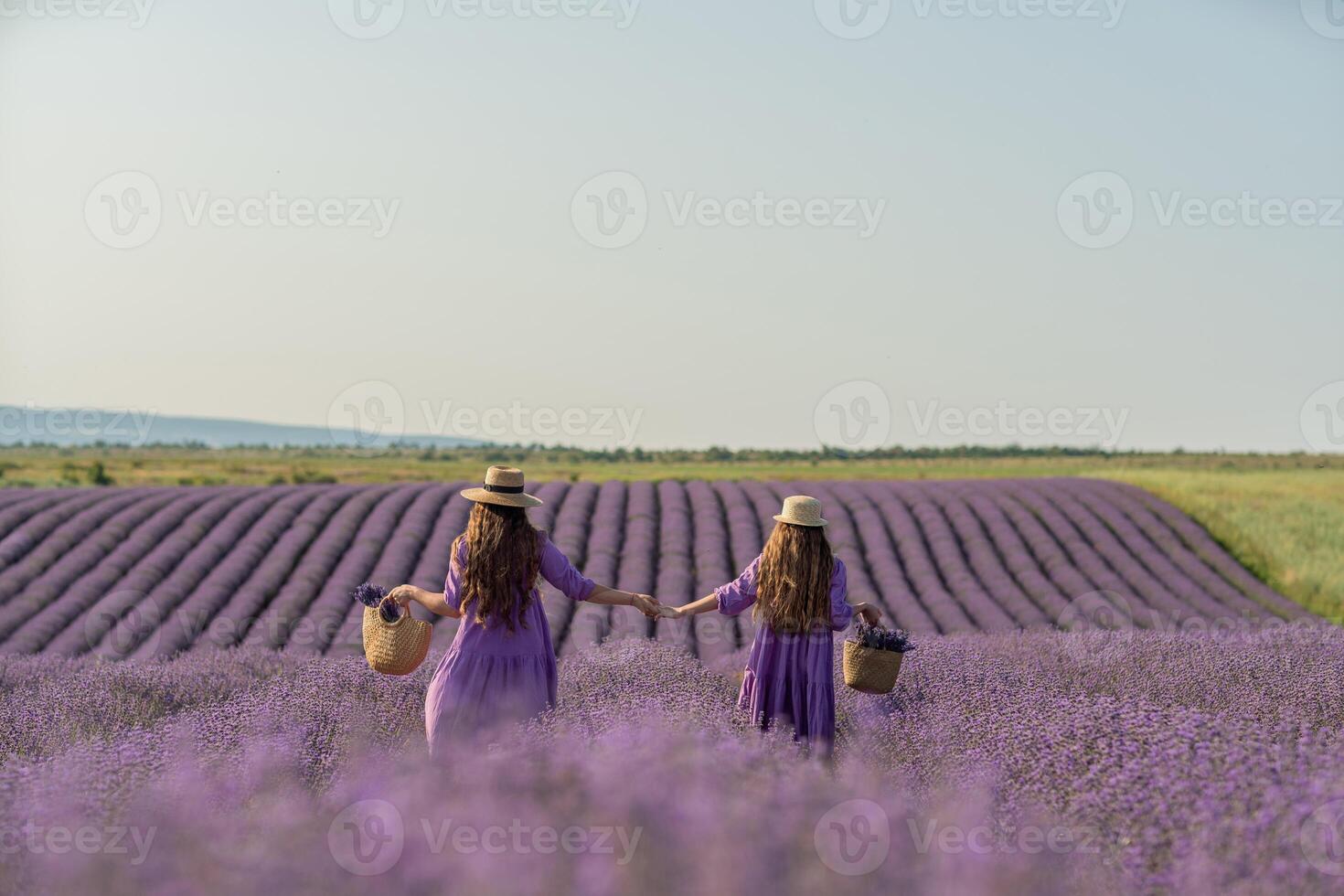 Mom and daughter are running through a lavender field dressed in purple dresses, long hair flowing and wearing hats. The field is full of purple flowers and the sky is clear. photo