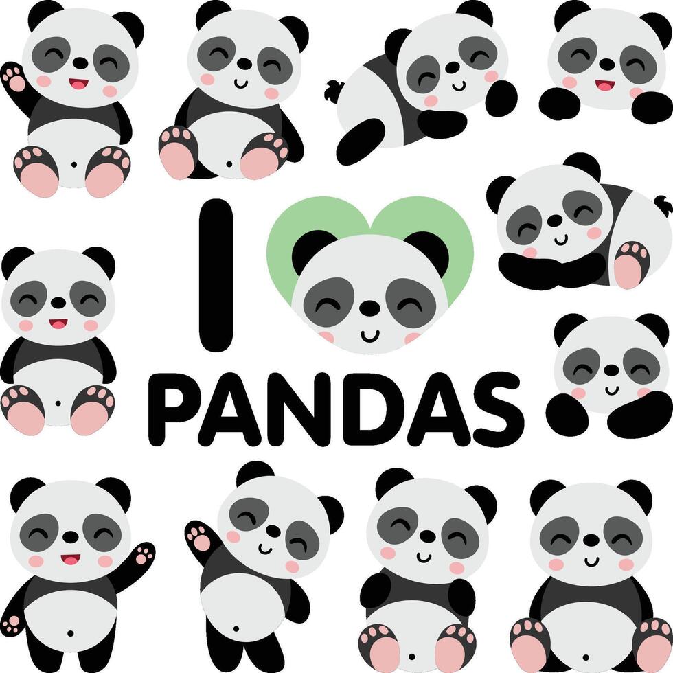 Set digital collage of I love pandas vector