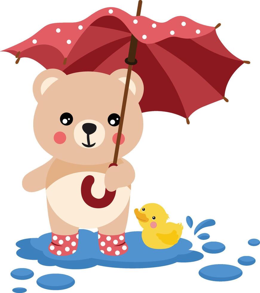 Cute teddy bear with boots and yellow duck holding an umbrella vector