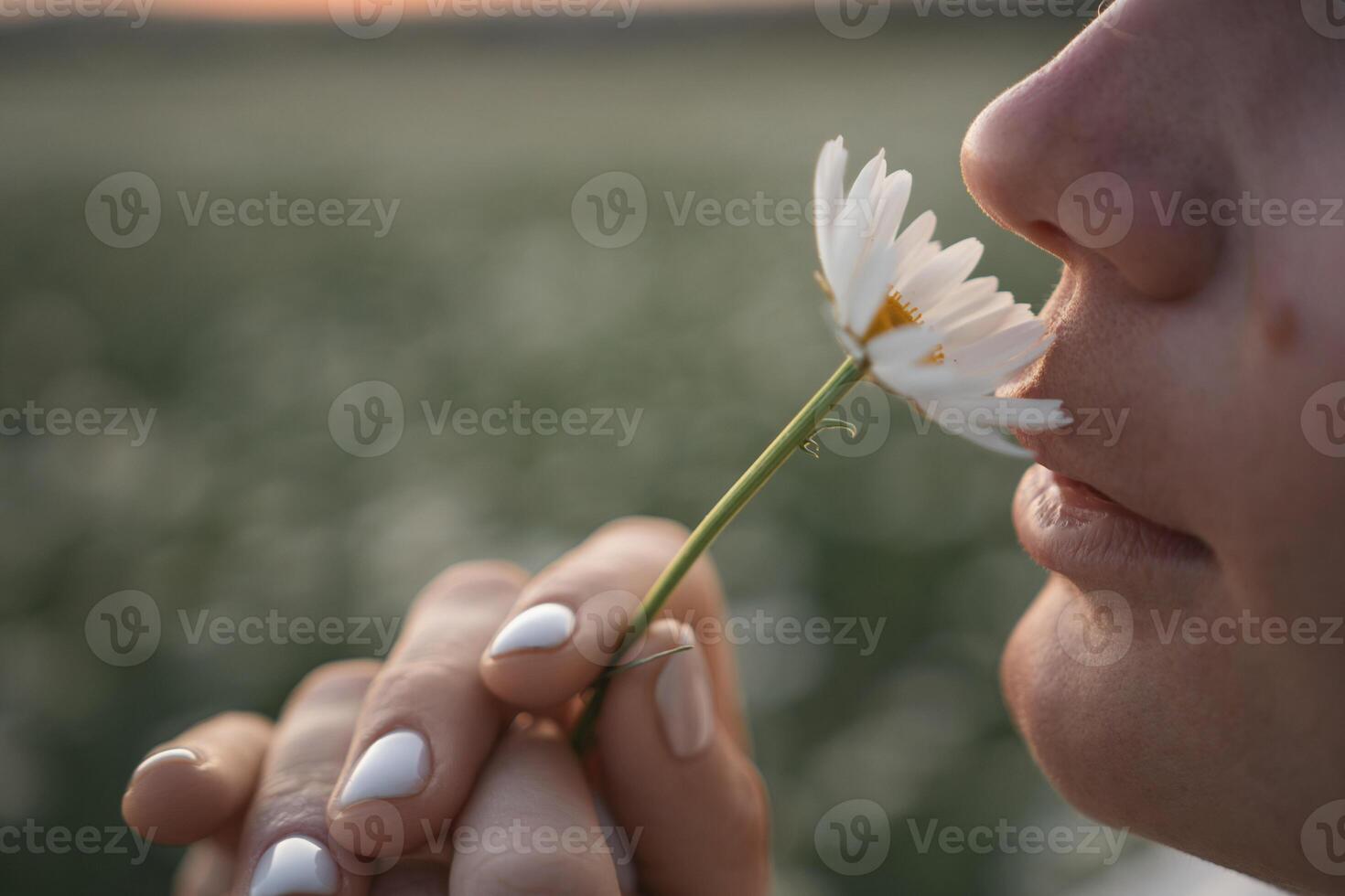 A woman is smelling a flower. The flower is white and has a green stem. The woman is looking at the flower with a smile on her face. photo