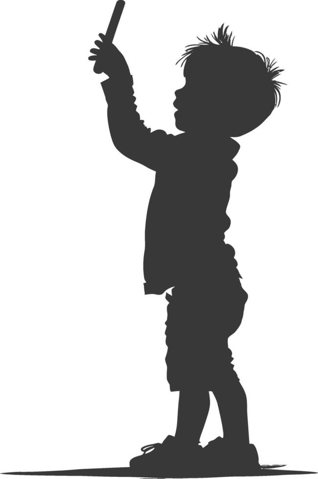 silhouette little boy taking selfie photo on smartphone black color only vector