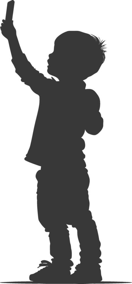 silhouette little boy taking selfie photo on smartphone black color only vector