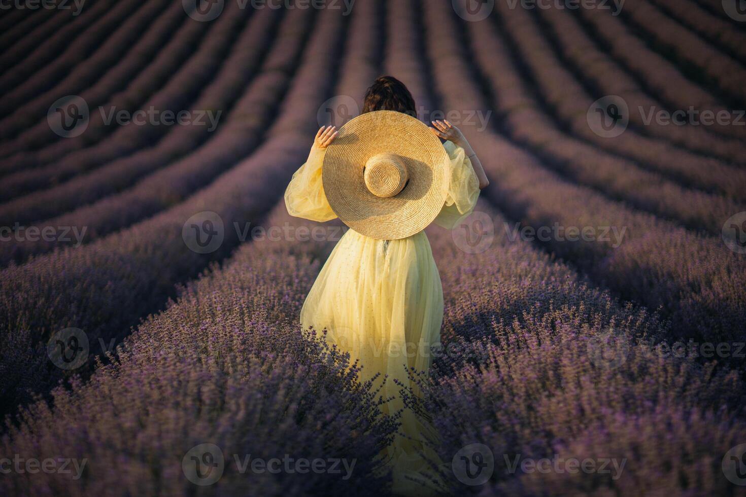 Woman lavender field sunset. Back view woman in yellow dress and hat. Aromatherapy concept, lavender oil, photo session in lavender