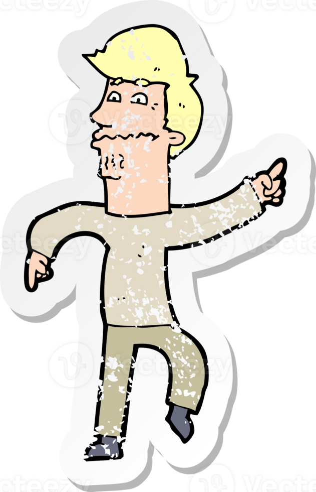 retro distressed sticker of a cartoon worried man pointing drawing png