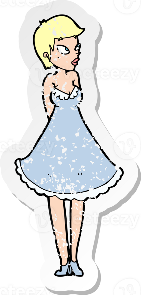 retro distressed sticker of a cartoon pretty woman in dress drawing png