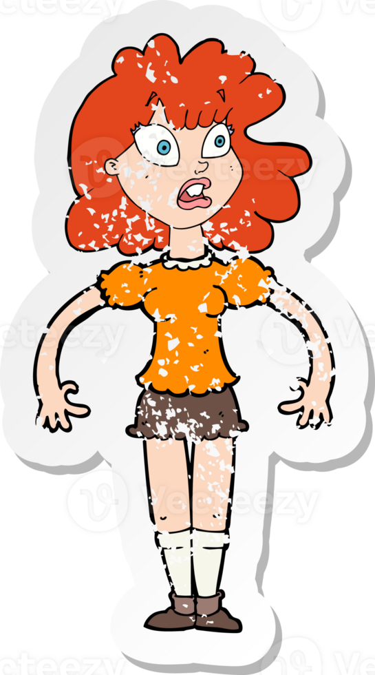 retro distressed sticker of a cartoon pretty girl with shocked expression drawing png