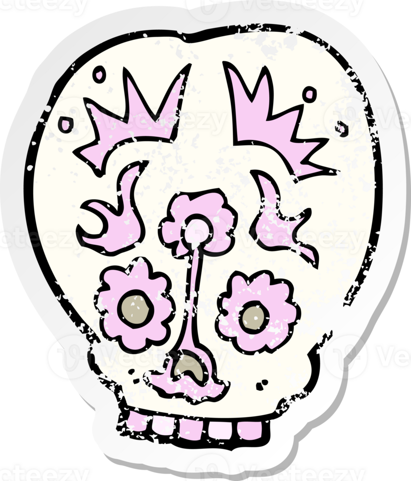 retro distressed sticker of a cartoon sugar skull drawing png