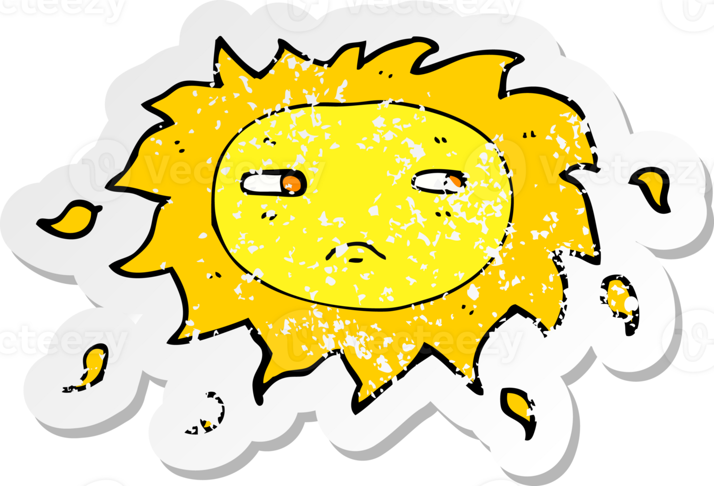 retro distressed sticker of a cartoon sad sun drawing png