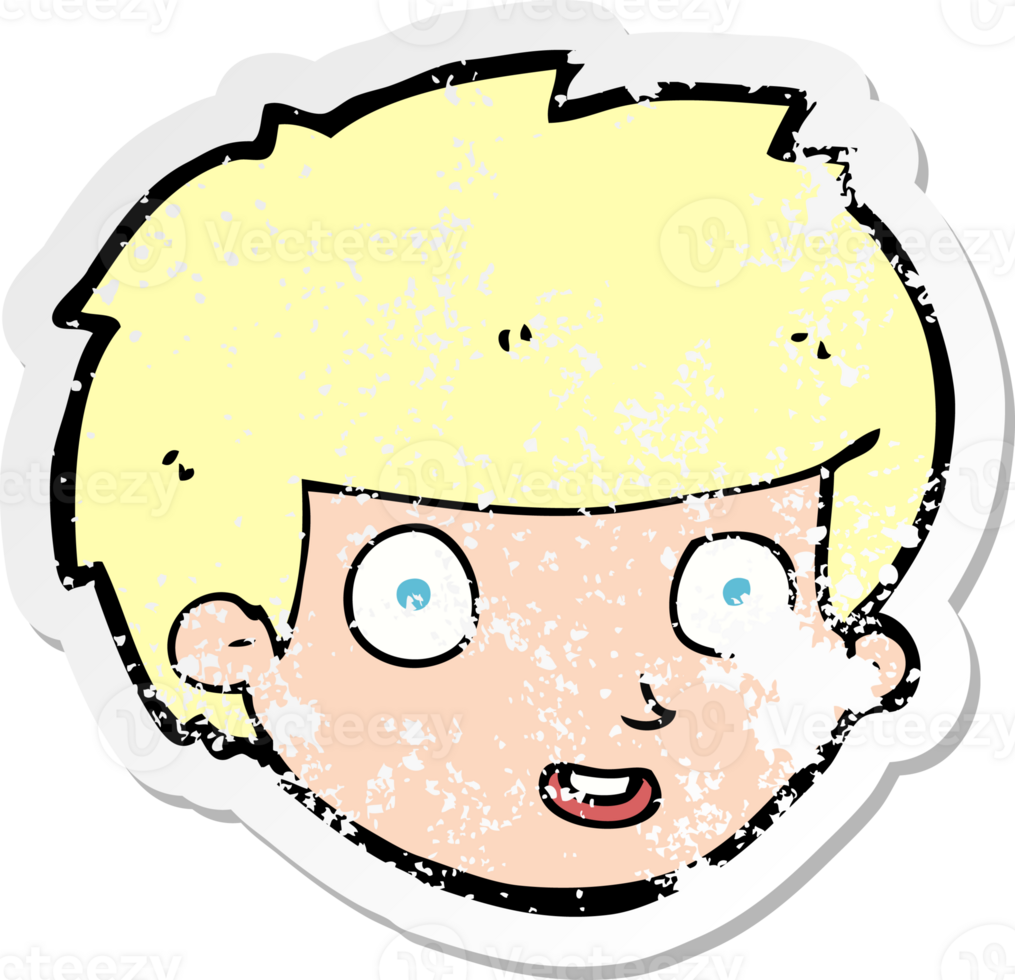 retro distressed sticker of a cartoon happy boys face drawing png