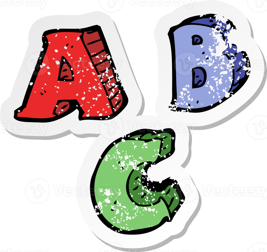 retro distressed sticker of a cartoon ABC letters drawing png