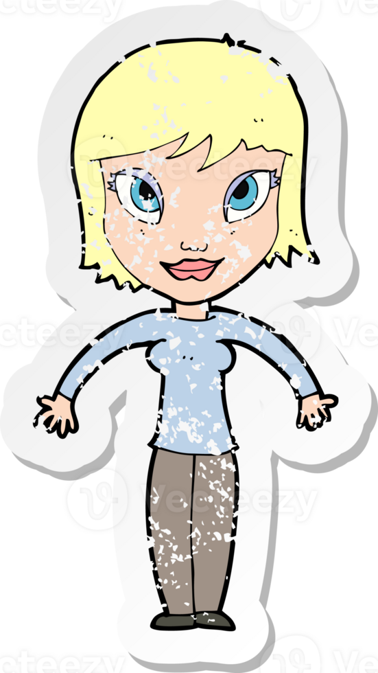 retro distressed sticker of a cartoon woman shrugging shoulders drawing png