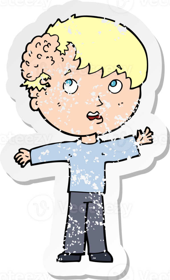 retro distressed sticker of a cartoon boy with growth on head drawing png