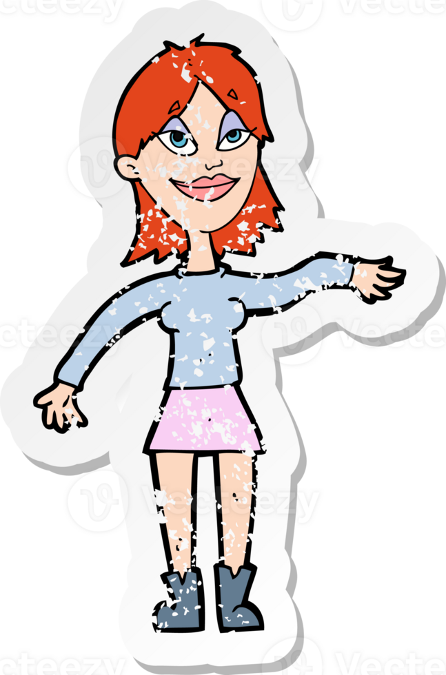 retro distressed sticker of a cartoon woman making hand gesture drawing png