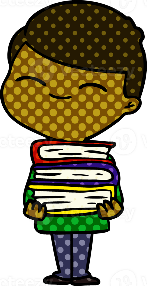 cartoon smiling boy with stack of books png