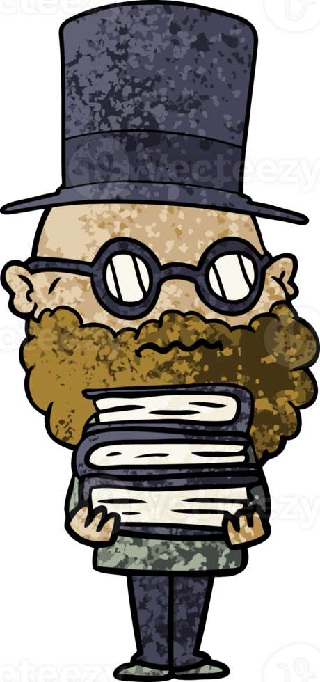 cartoon worried man with beard and stack of books drawing png