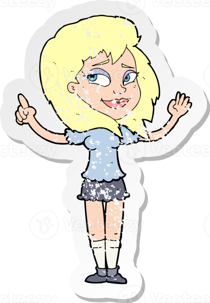 retro distressed sticker of a cartoon woman with idea drawing png