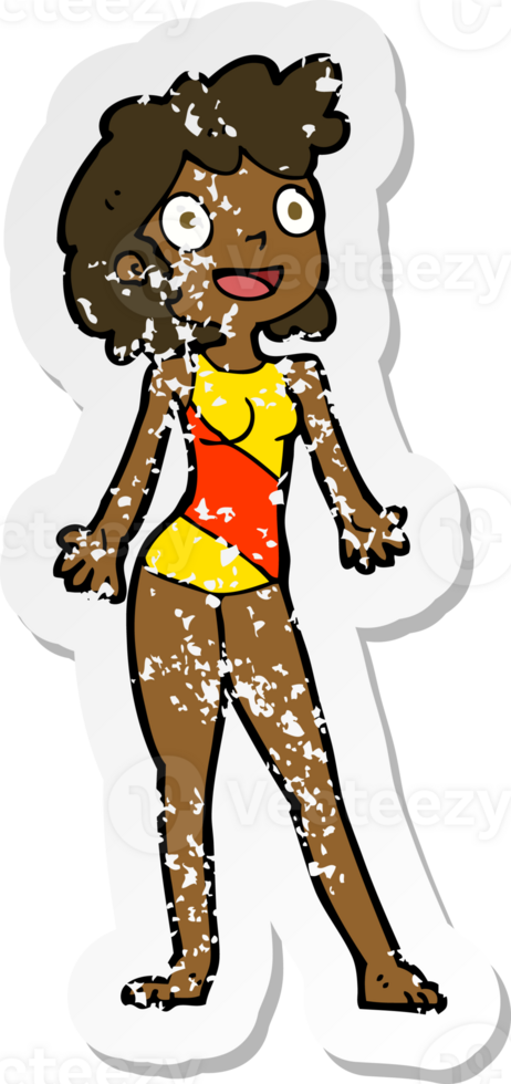 retro distressed sticker of a cartoon woman in swimming costume drawing png