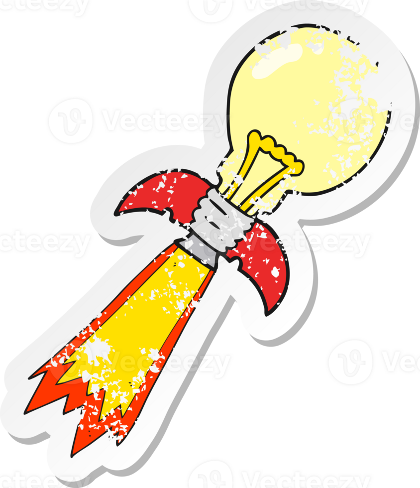 retro distressed sticker of a cartoon lightbulb rocket ship drawing png