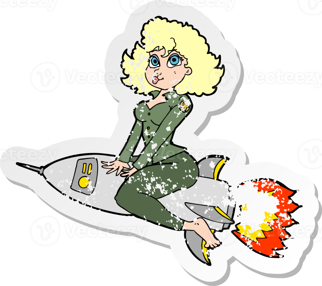 retro distressed sticker of a cartoon army pin up girl riding missile drawing png