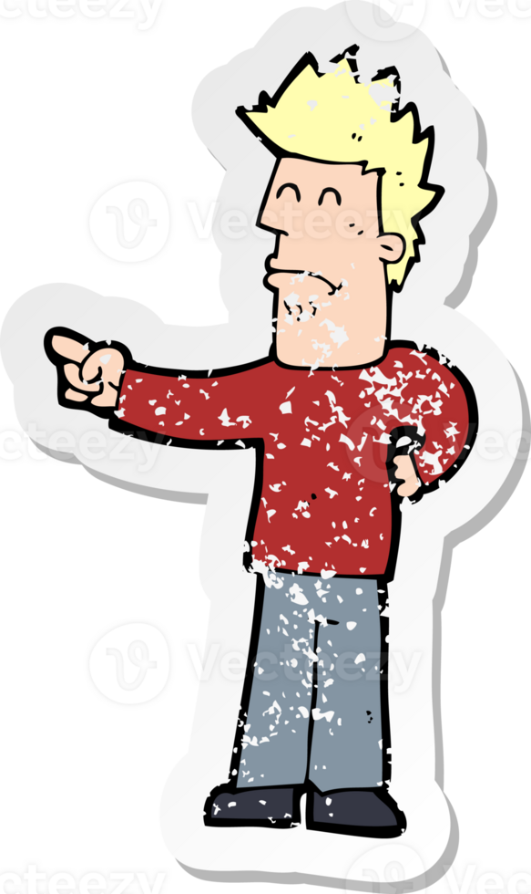 retro distressed sticker of a cartoon man pointing drawing png