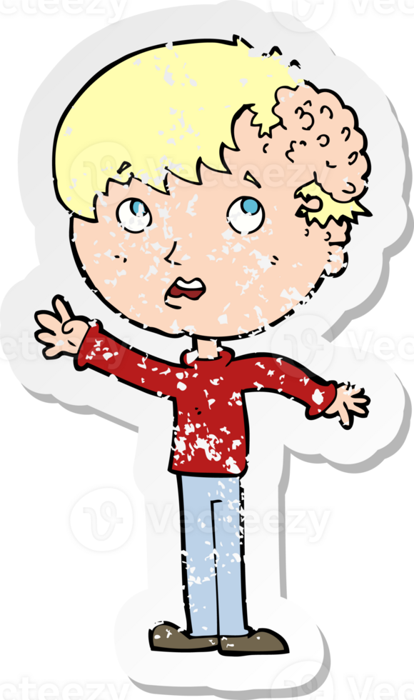 retro distressed sticker of a cartoon boy with growth on head drawing png