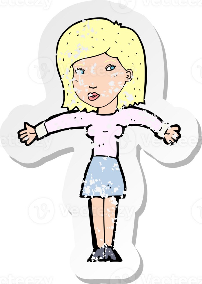 retro distressed sticker of a cartoon woman shrugging shoulders drawing png