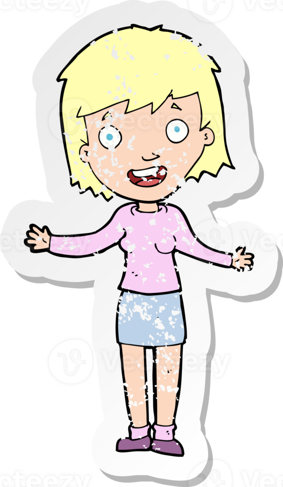 retro distressed sticker of a cartoon excited woman drawing png