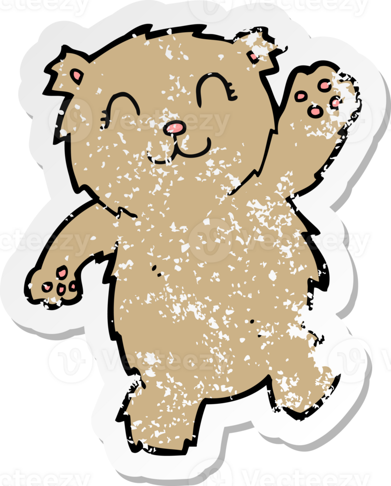 retro distressed sticker of a cartoon waving teddy bear drawing png