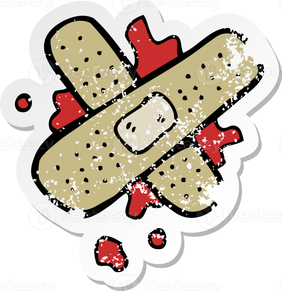 retro distressed sticker of a cartoon bloody medical plaster drawing png