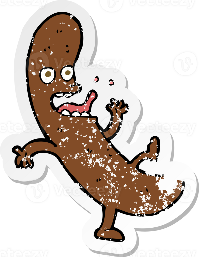 retro distressed sticker of a cartoon sausage drawing png