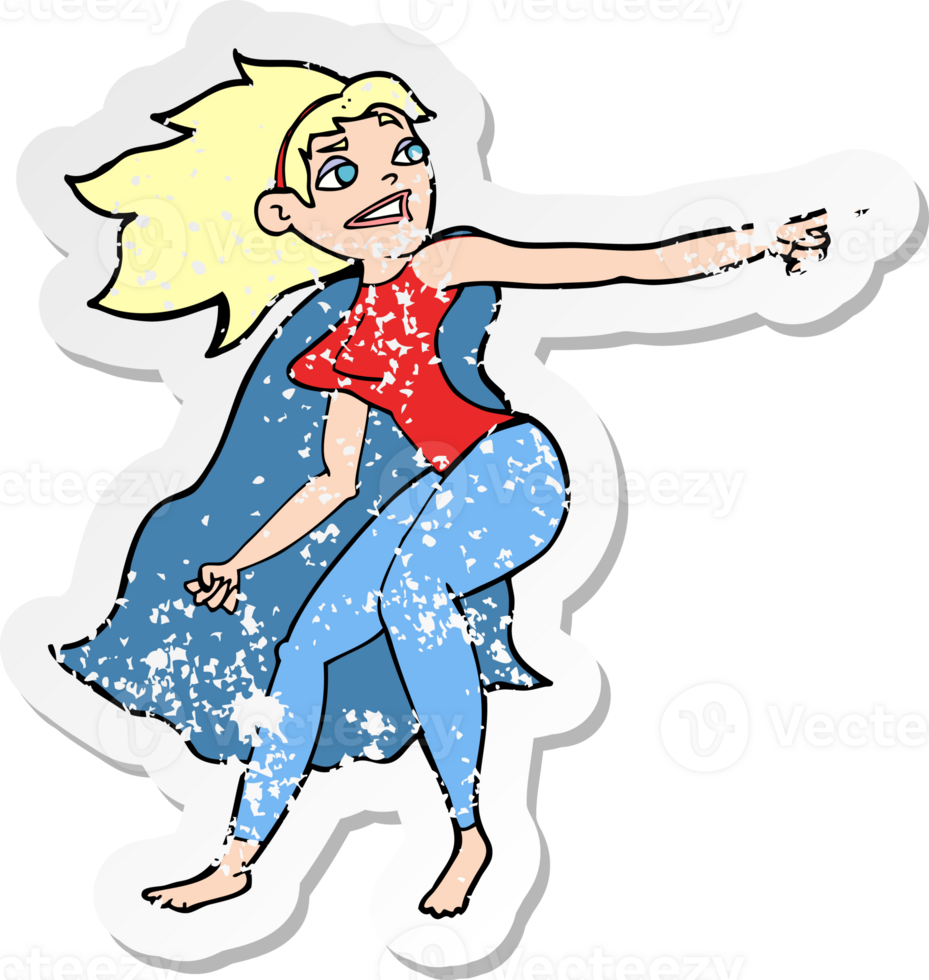 retro distressed sticker of a cartoon superhero woman pointing drawing png