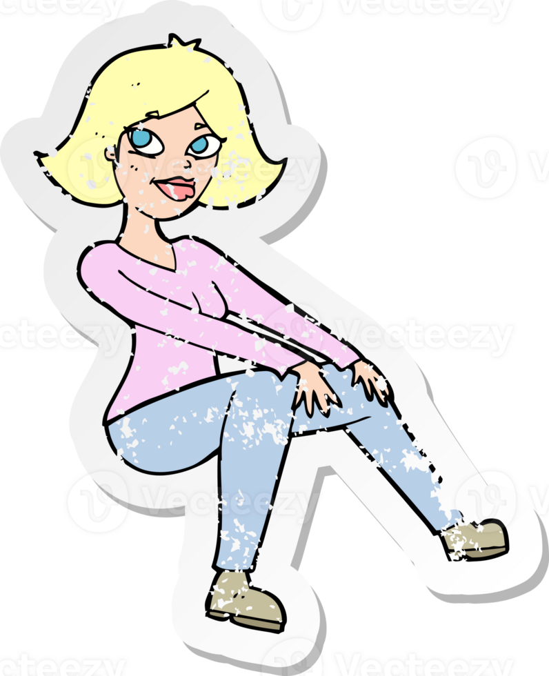 retro distressed sticker of a cartoon happywoman sitting drawing png